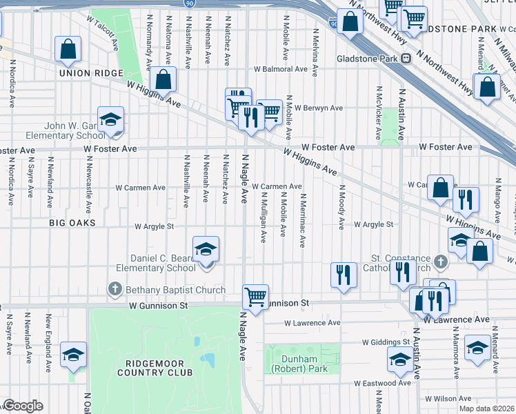 map of restaurants, bars, coffee shops, grocery stores, and more near 5029 North Nagle Avenue in Chicago