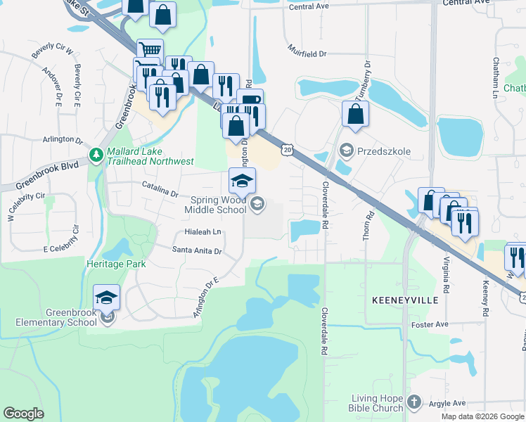 map of restaurants, bars, coffee shops, grocery stores, and more near 20 Arlington Drive East in Hanover Park