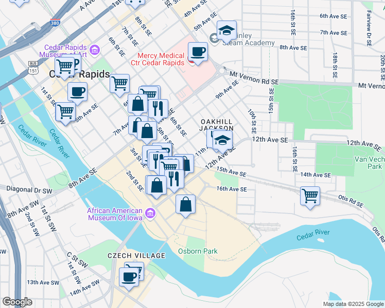 map of restaurants, bars, coffee shops, grocery stores, and more near 1020 6th Street Southeast in Cedar Rapids