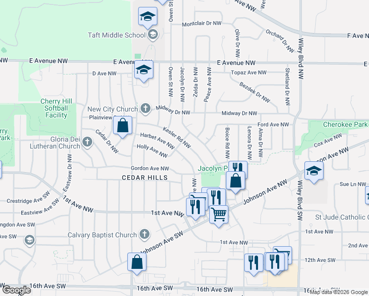 map of restaurants, bars, coffee shops, grocery stores, and more near 4965 Kesler Road Northwest in Cedar Rapids