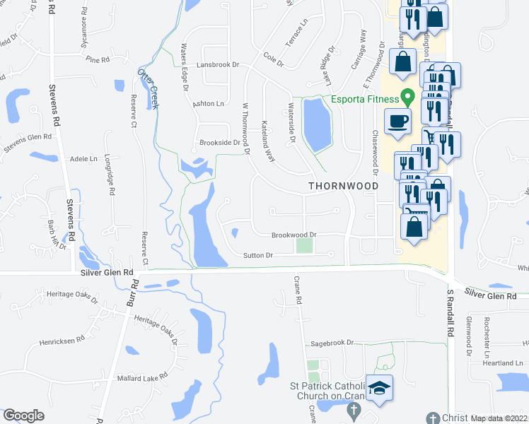 map of restaurants, bars, coffee shops, grocery stores, and more near 19 West Sandstone Court in South Elgin