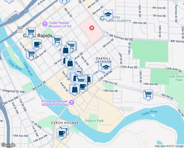 map of restaurants, bars, coffee shops, grocery stores, and more near 1020 6th Street Southeast in Cedar Rapids