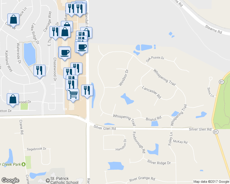 map of restaurants, bars, coffee shops, grocery stores, and more near 7N197 Windsor Drive in St. Charles