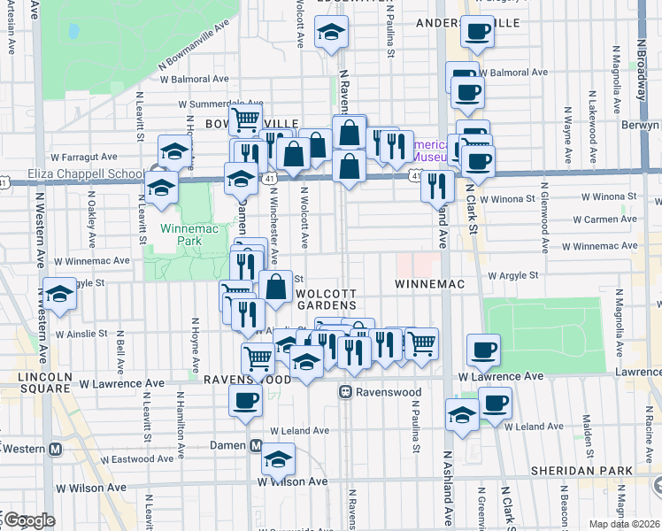 map of restaurants, bars, coffee shops, grocery stores, and more near 1806 West Argyle Street in Chicago