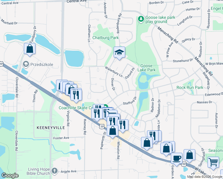 map of restaurants, bars, coffee shops, grocery stores, and more near 540 Dover Drive in Roselle