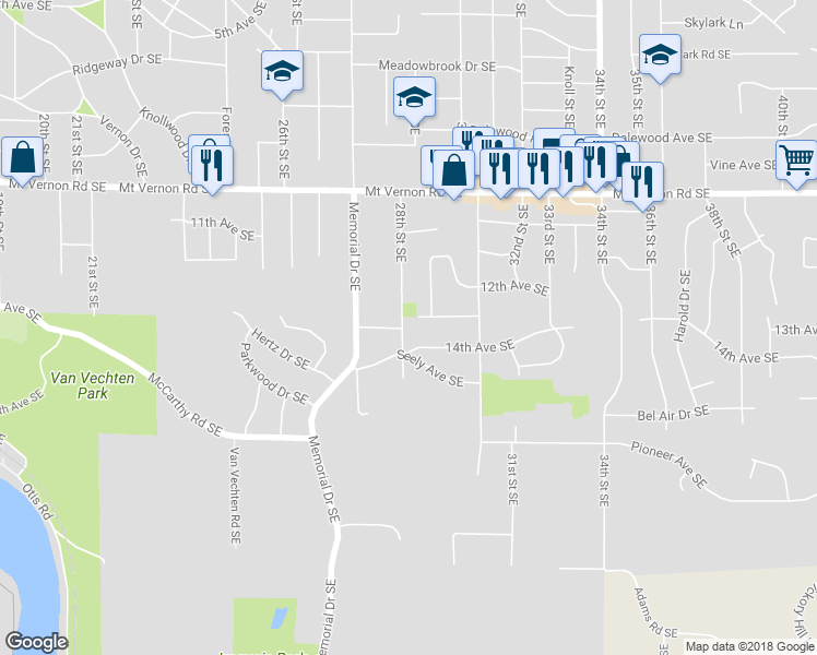 map of restaurants, bars, coffee shops, grocery stores, and more near 1258 28th Street Southeast in Cedar Rapids