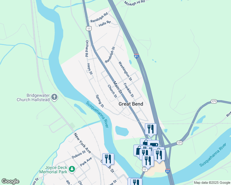 map of restaurants, bars, coffee shops, grocery stores, and more near 130 Church Street in Great Bend