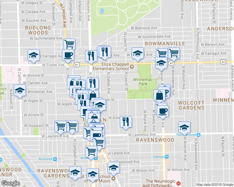 map of restaurants, bars, coffee shops, grocery stores, and more near 2233 West Winnemac Avenue in Chicago