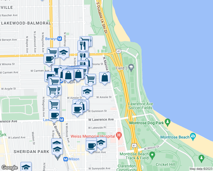 map of restaurants, bars, coffee shops, grocery stores, and more near 4960 North Marine Drive in Chicago