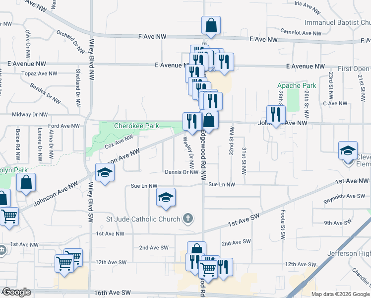map of restaurants, bars, coffee shops, grocery stores, and more near 200 Wesley Drive Northwest in Cedar Rapids