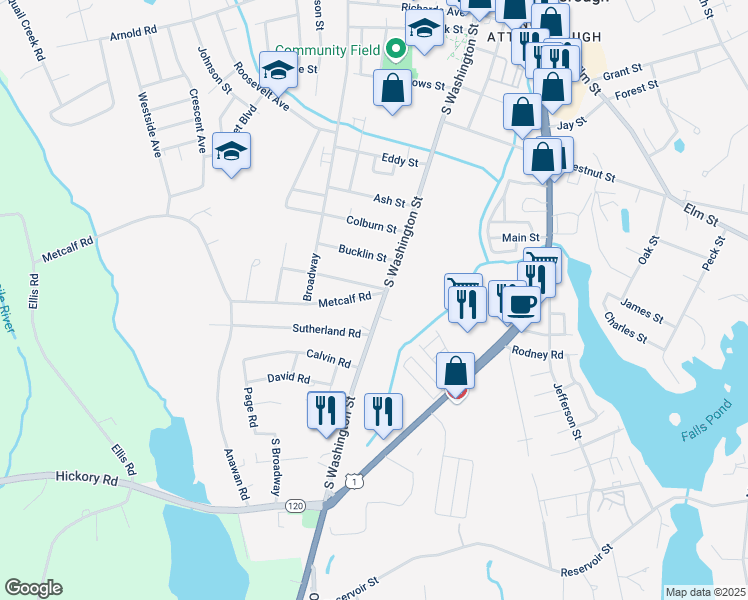 map of restaurants, bars, coffee shops, grocery stores, and more near 285 South Washington Street in North Attleborough