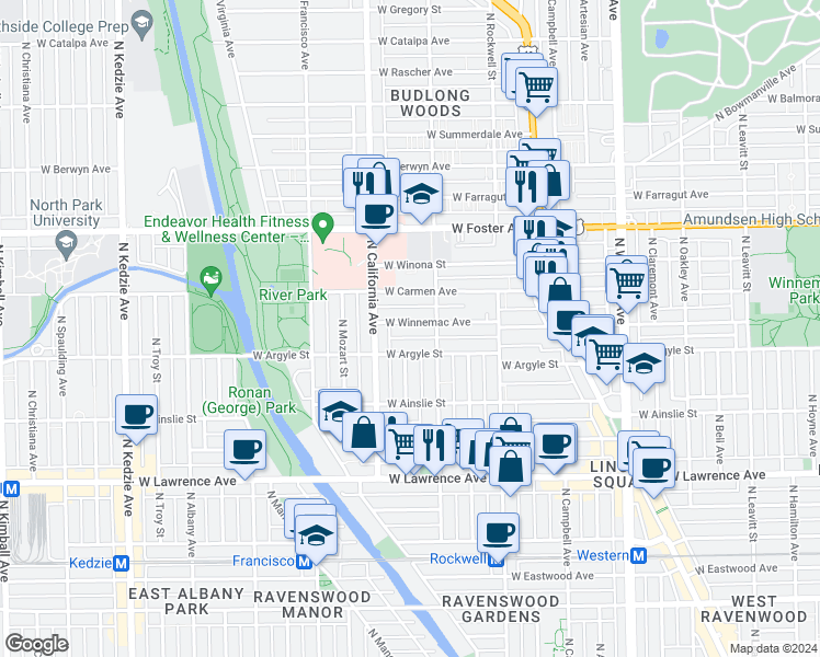 map of restaurants, bars, coffee shops, grocery stores, and more near 2725 West Winnemac Avenue in Chicago