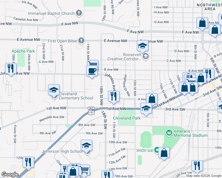 map of restaurants, bars, coffee shops, grocery stores, and more near 226 Johnson Ave NW in Cedar Rapids