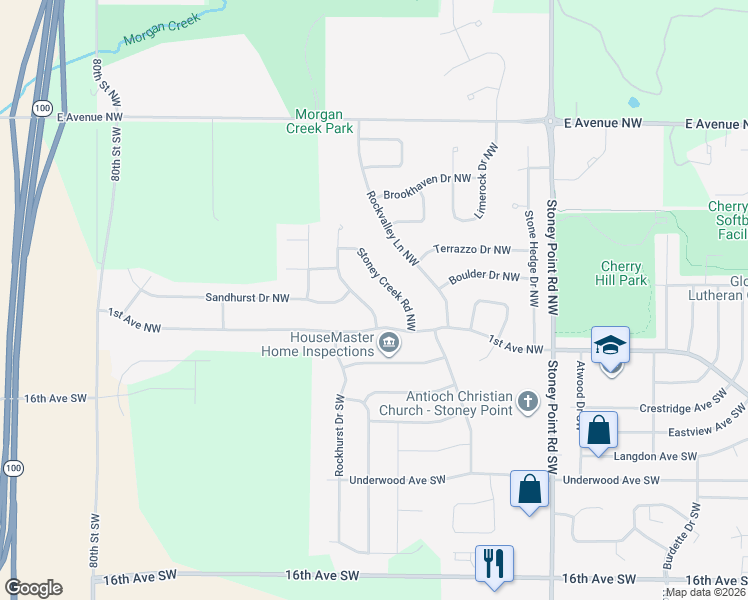 map of restaurants, bars, coffee shops, grocery stores, and more near 127 Rock Ridge Rd NW in Cedar Rapids