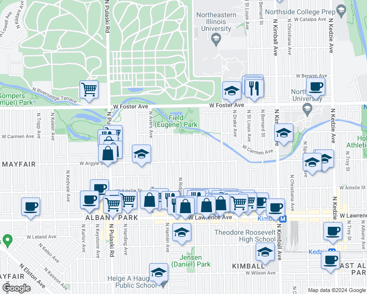 map of restaurants, bars, coffee shops, grocery stores, and more near 5033 North Ridgeway Avenue in Chicago