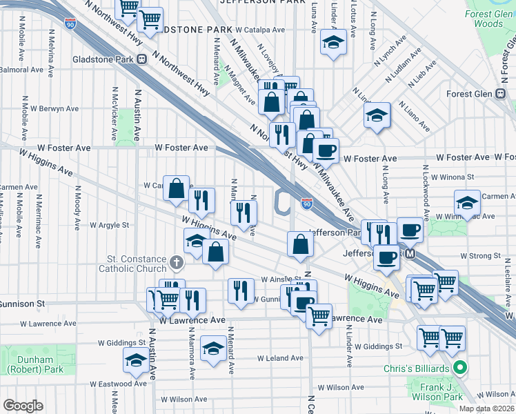 map of restaurants, bars, coffee shops, grocery stores, and more near 5026 North Major Avenue in Chicago