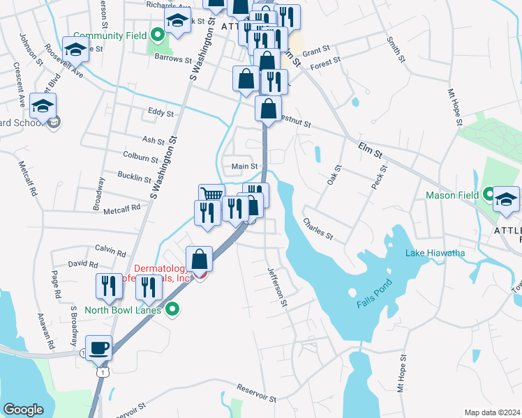 map of restaurants, bars, coffee shops, grocery stores, and more near 271 East Washington Street in North Attleborough