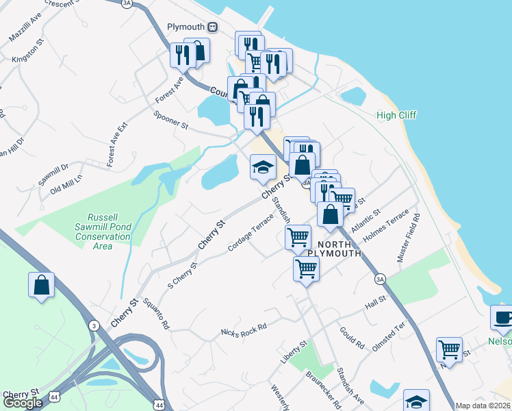 map of restaurants, bars, coffee shops, grocery stores, and more near 28 Cherry Street in Plymouth