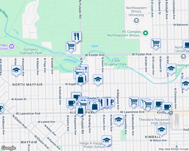 map of restaurants, bars, coffee shops, grocery stores, and more near 5034 North Springfield Avenue in Chicago