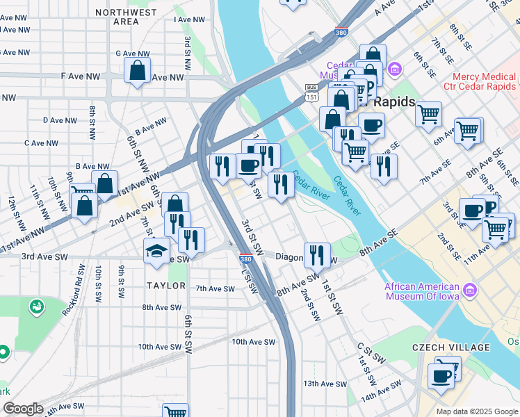 map of restaurants, bars, coffee shops, grocery stores, and more near 400 2nd Street Southwest in Cedar Rapids