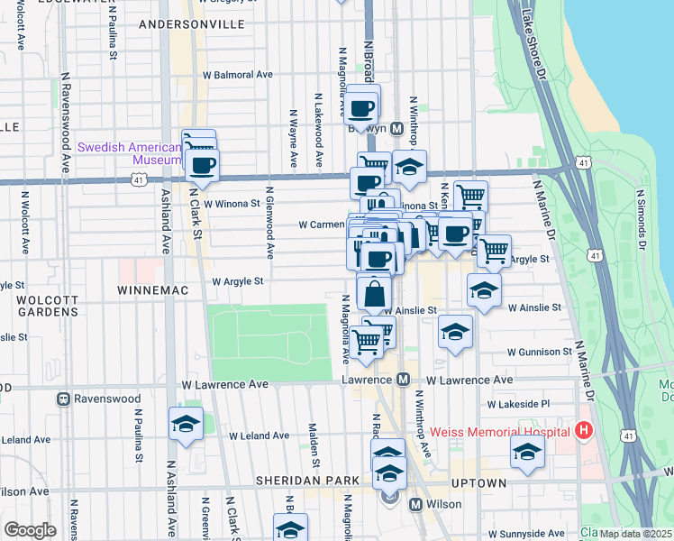 map of restaurants, bars, coffee shops, grocery stores, and more near 1242 West Argyle Street in Chicago