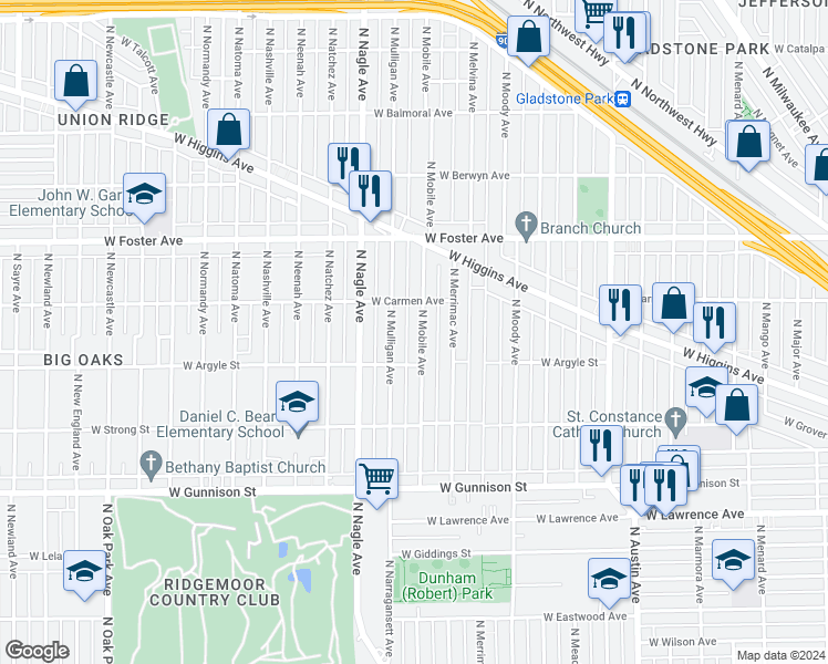 map of restaurants, bars, coffee shops, grocery stores, and more near 5028 North Mobile Avenue in Chicago