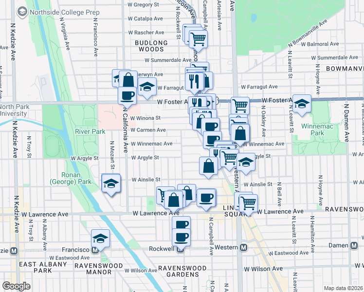 map of restaurants, bars, coffee shops, grocery stores, and more near 2611 West Winnemac Avenue in Chicago
