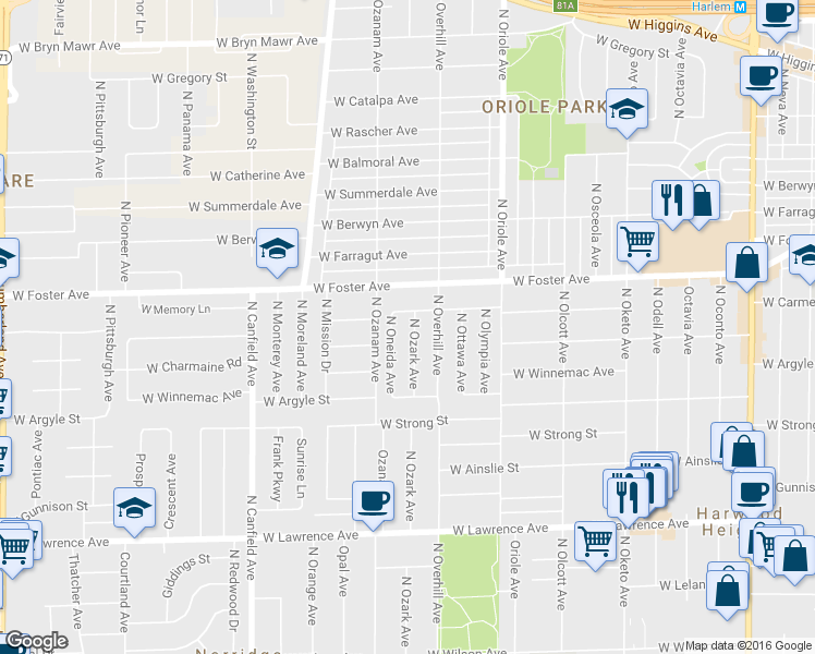 map of restaurants, bars, coffee shops, grocery stores, and more near 5120 North Ozark Avenue in Norridge
