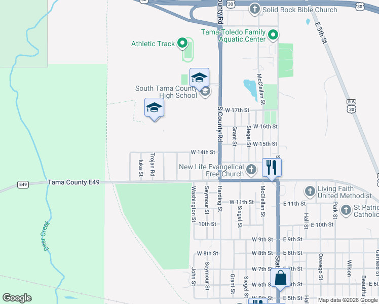 map of restaurants, bars, coffee shops, grocery stores, and more near 701 West 14th Street in Tama