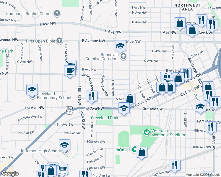 map of restaurants, bars, coffee shops, grocery stores, and more near 236 15th Street Northwest in Cedar Rapids