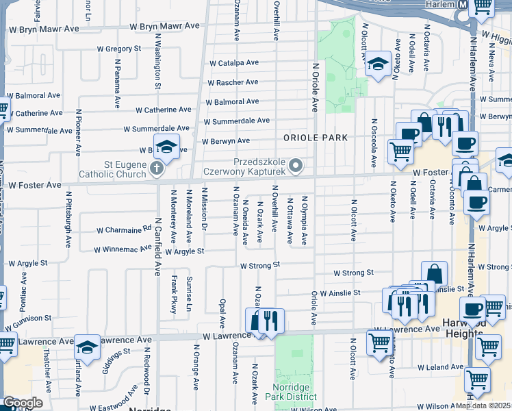 map of restaurants, bars, coffee shops, grocery stores, and more near 5120 North Ozark Avenue in Norridge