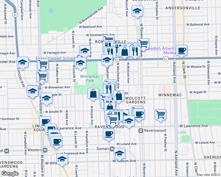 map of restaurants, bars, coffee shops, grocery stores, and more near 5017 North Damen Avenue in Chicago
