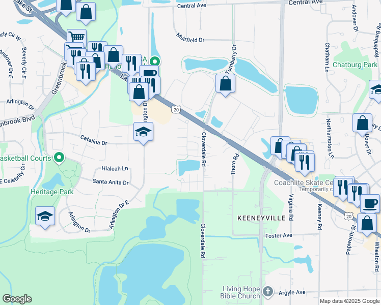 map of restaurants, bars, coffee shops, grocery stores, and more near 5509 Cambridge Way in Hanover Park