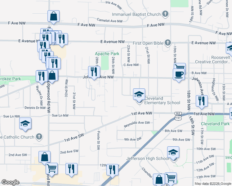 map of restaurants, bars, coffee shops, grocery stores, and more near 209 26th Street Northwest in Cedar Rapids