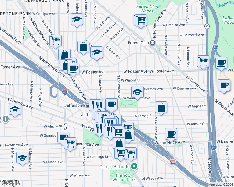 map of restaurants, bars, coffee shops, grocery stores, and more near 5048 North Lockwood Avenue in Chicago
