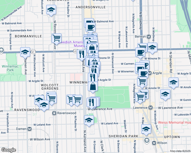 map of restaurants, bars, coffee shops, grocery stores, and more near 5015 North Clark Street in Chicago
