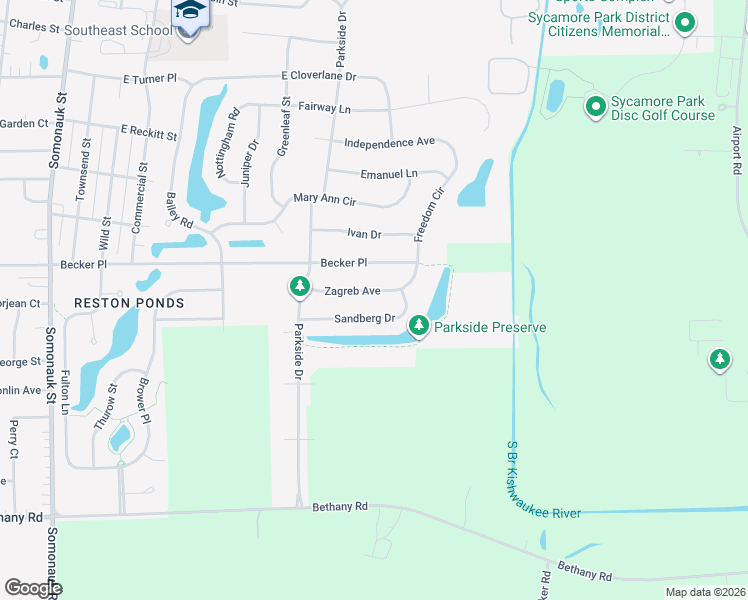 map of restaurants, bars, coffee shops, grocery stores, and more near 665 Sandberg Drive in Sycamore