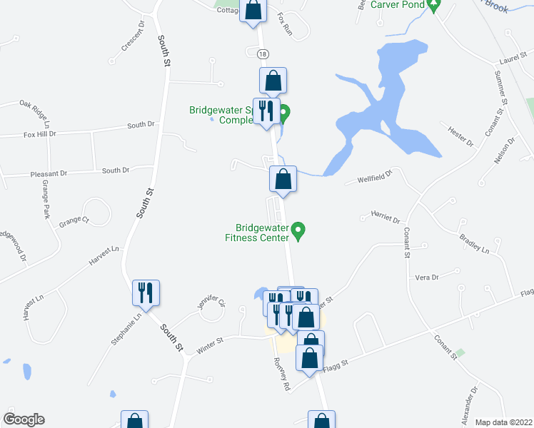 map of restaurants, bars, coffee shops, grocery stores, and more near 8 Anacki Lane in Bridgewater
