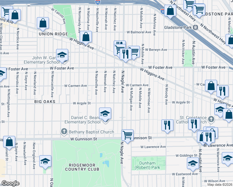 map of restaurants, bars, coffee shops, grocery stores, and more near 5031 North Natchez Avenue in Chicago