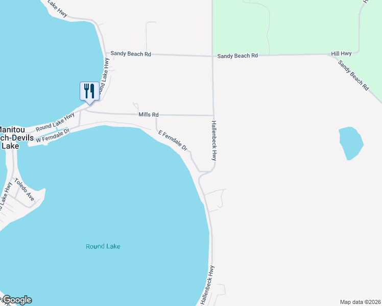 map of restaurants, bars, coffee shops, grocery stores, and more near 8000 East Ferndale Drive in Manitou Beach-Devils Lake