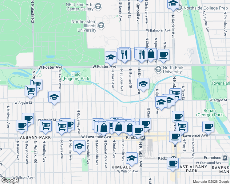 map of restaurants, bars, coffee shops, grocery stores, and more near 3529 West Carmen Avenue in Chicago