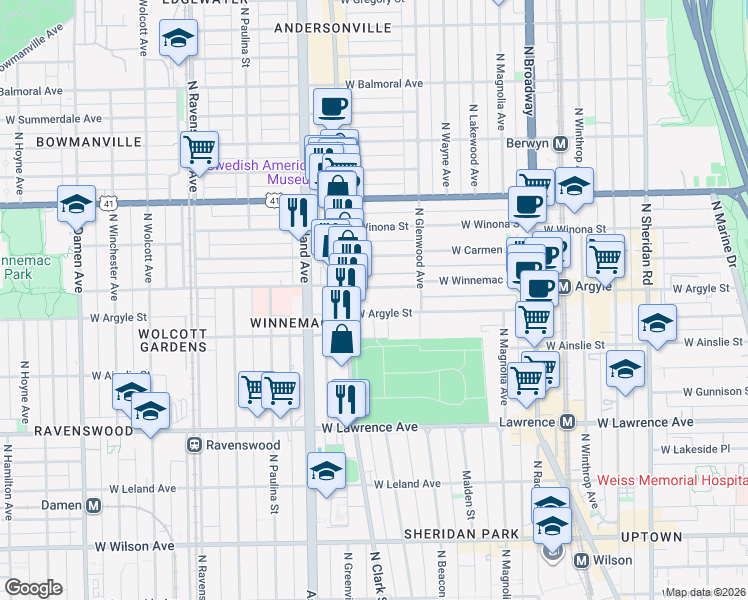 map of restaurants, bars, coffee shops, grocery stores, and more near 1452 West Argyle Street in Chicago
