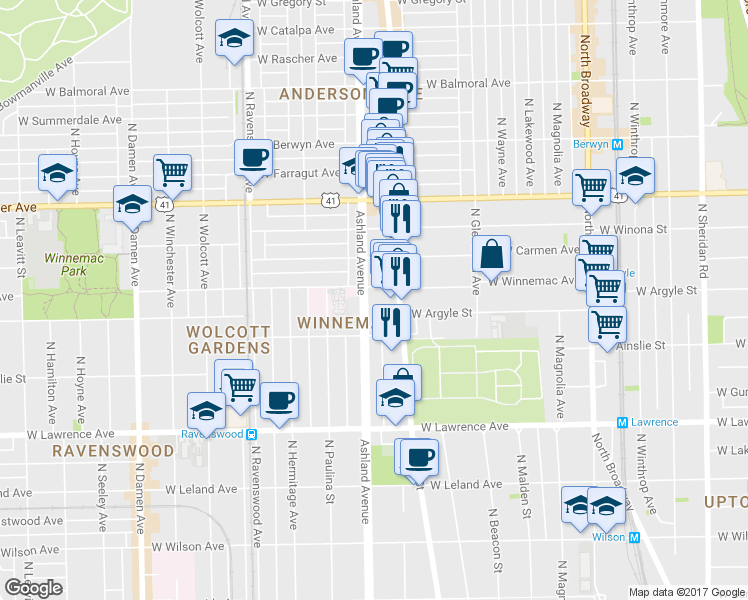map of restaurants, bars, coffee shops, grocery stores, and more near 5017 N Ashland Ave in Chicago