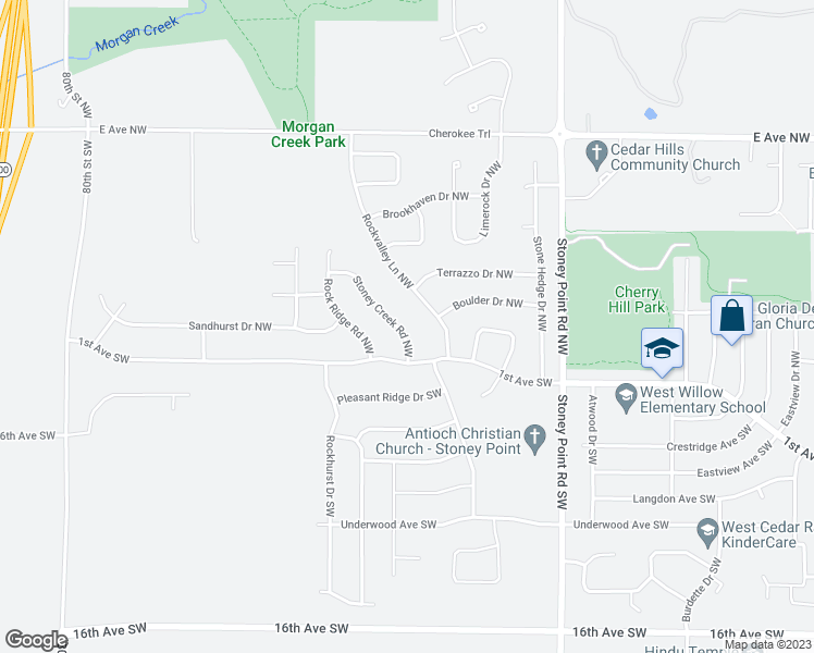 map of restaurants, bars, coffee shops, grocery stores, and more near 209 Stoney Creek Road Northwest in Cedar Rapids