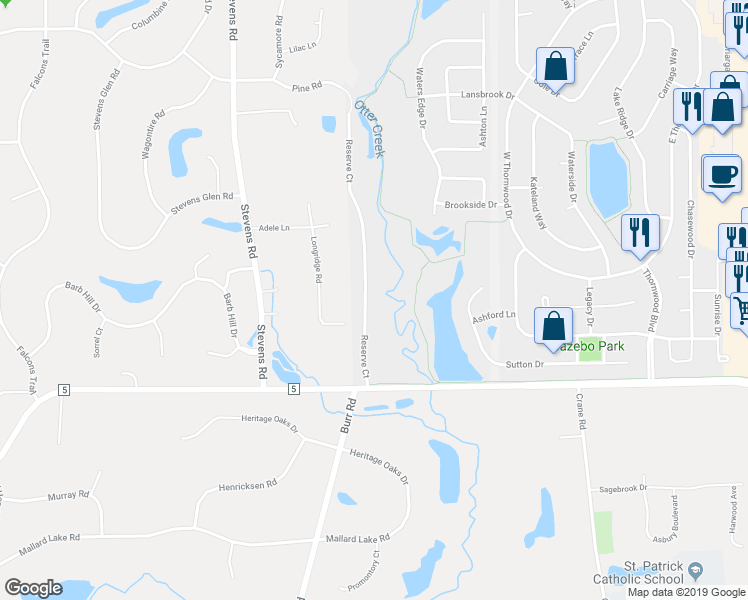 map of restaurants, bars, coffee shops, grocery stores, and more near 801 Reserve Court in South Elgin