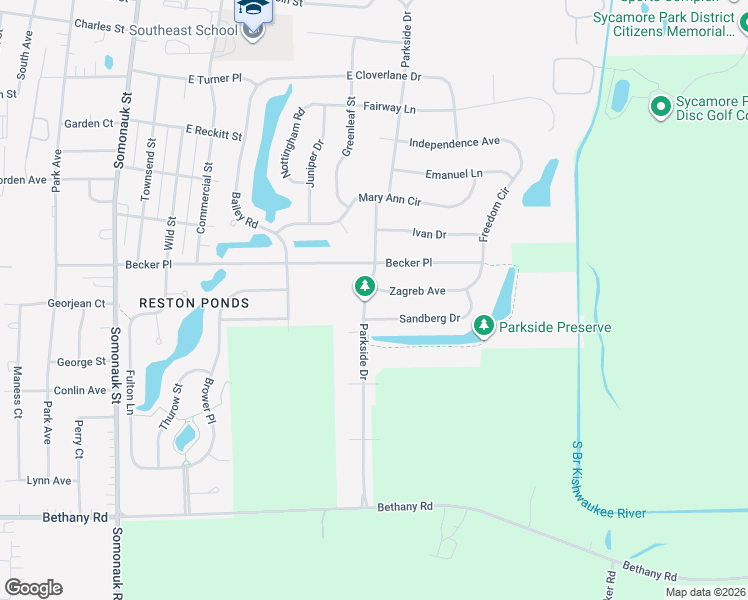 map of restaurants, bars, coffee shops, grocery stores, and more near 601 Sandberg Drive in Sycamore
