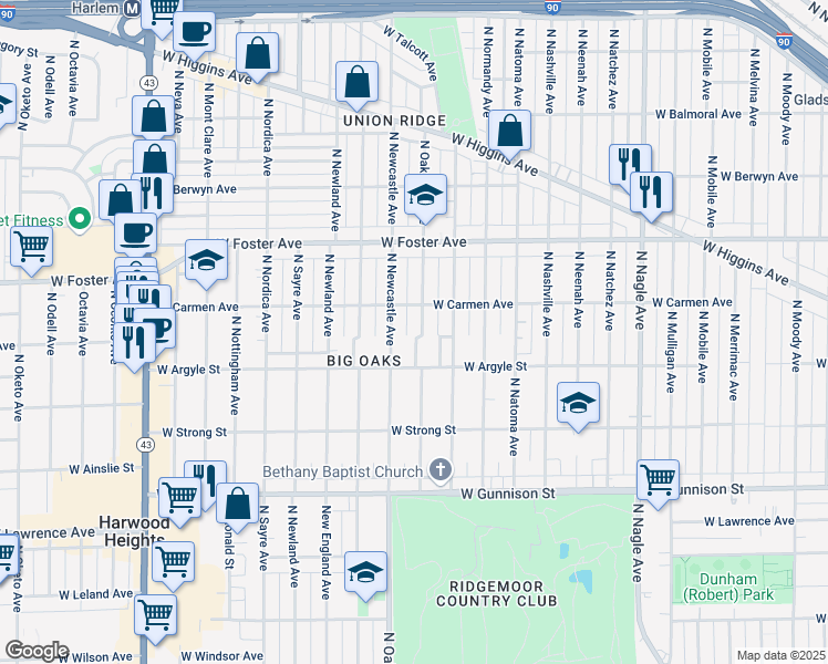 map of restaurants, bars, coffee shops, grocery stores, and more near 5034 North Oak Park Avenue in Chicago