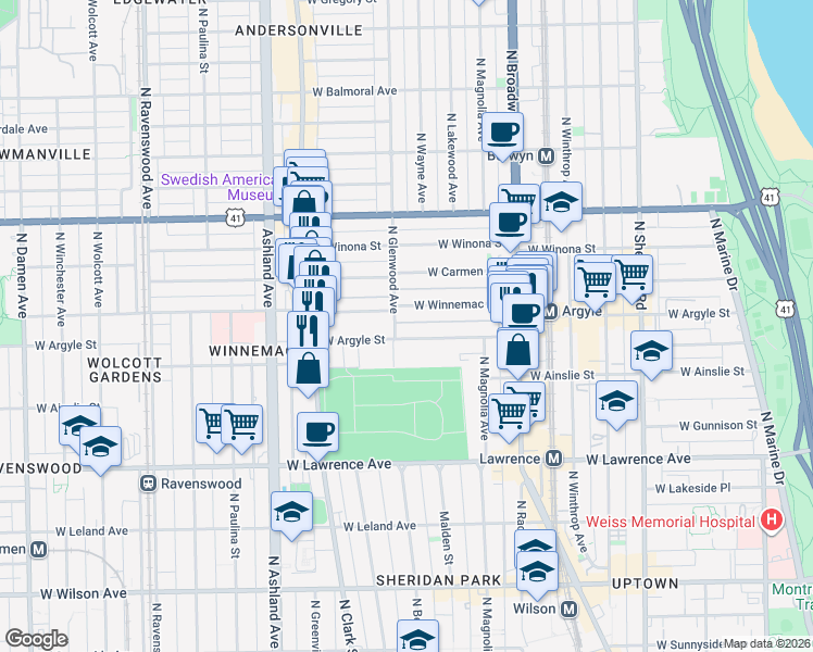 map of restaurants, bars, coffee shops, grocery stores, and more near 1350 1/2 West Argyle Street in Chicago