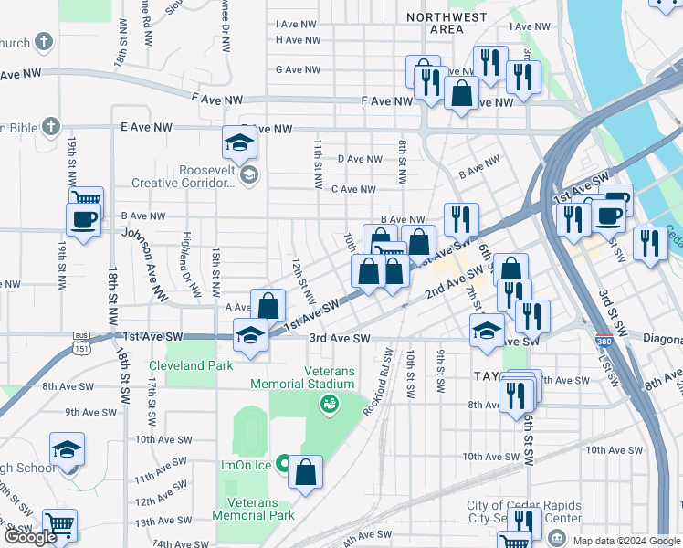map of restaurants, bars, coffee shops, grocery stores, and more near 1021 A Avenue Northwest in Cedar Rapids