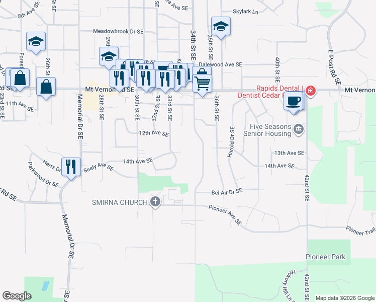 map of restaurants, bars, coffee shops, grocery stores, and more near 3310 14th Avenue Southeast in Cedar Rapids